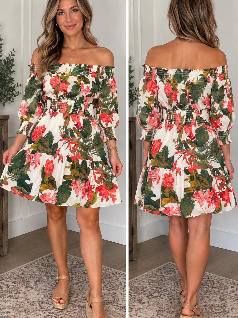 Gianni Bini Off-Shoulder Floral Mini Dress in White, Green and Coral